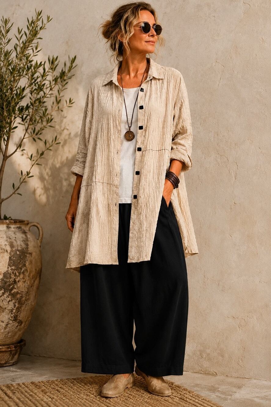 Ali Miles Textured Crinkle Button Front Tunic Jacket Beige Swing Lagenlook Luxe